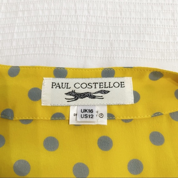 𝅺ANTHROPOLOGIE PAUL COSTELLOE 100% SILK YELLOW GREY DOTS BUTTON FRONT BLOUSE - Picture 5 of 8